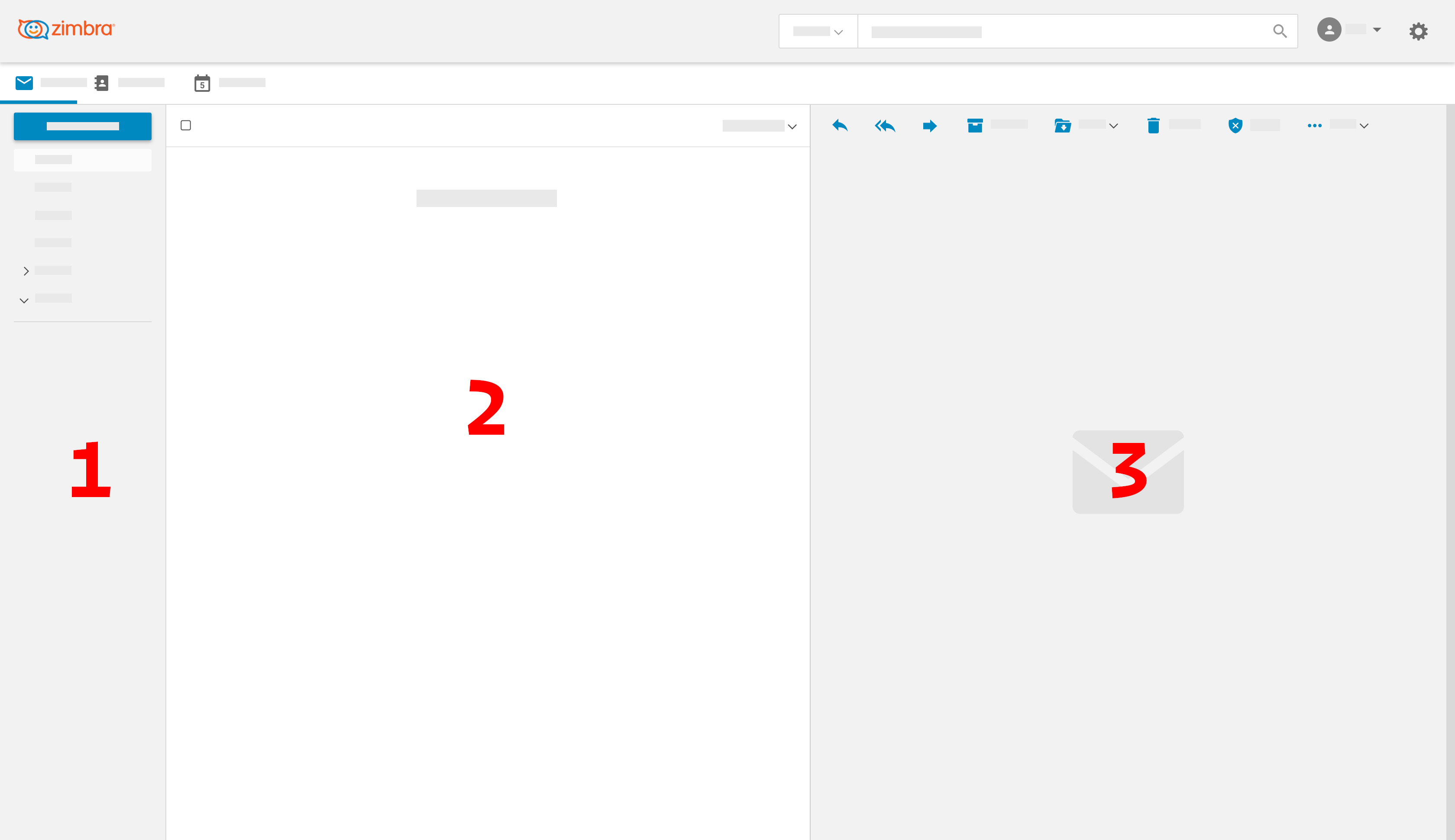 Modern Web App Zimbra con barra laterale, elenco messaggi e pannello di lettura numerati